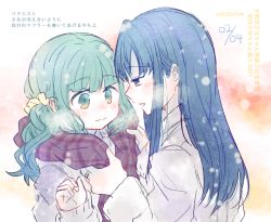Rule 34 | 2girls, adjusting scarf, aqua hair, blue eyes, blue hair, blunt bangs, blush, brown scarf, clenched hand, closed mouth, dated, fur-trimmed sleeves, fur trim, futaba sana, green eyes, grey jacket, grey sweater, hair intakes, half-closed eyes, jacket, jewelry, long hair, long sleeves, magia record: mahou shoujo madoka magica gaiden, mahou shoujo madoka magica, medium hair, multiple girls, nanami yachiyo, open mouth, pink background, plaid, plaid scarf, ring, scarf, scrunchie, sidelocks, simple background, snow, snowing, split mouth, steam, straight hair, sweater, teeth, totte, twintails, upper body, upper teeth only, w arms, watercolor effect, wavy hair, wavy mouth, yellow scrunchie, yuri