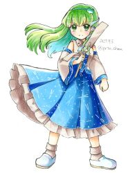 Rule 34 | 1girl, aqua hairband, blue footwear, blue skirt, blue trim, closed mouth, collared shirt, detached sleeves, determined, frilled skirt, frills, frog hair ornament, frown, full body, green eyes, green hair, hair ornament, hairband, kochiya sanae, long hair, long skirt, looking at viewer, one-hour drawing challenge, proton, shirt, simple background, skirt, sleeveless, sleeveless shirt, solo, touhou, v-shaped eyebrows, white background, white shirt, white sleeves