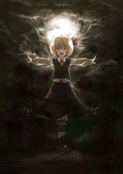 Rule 34 | 1girl, :d, blonde hair, darkness, dress shirt, fangs, female focus, hair ribbon, inobesion, kotarou (rakugaki shirushi), open mouth, outstretched arm, outstretched arms, red eyes, ribbon, rumia, shirt, short hair, skirt, smile, solo, spread arms, touhou, vest