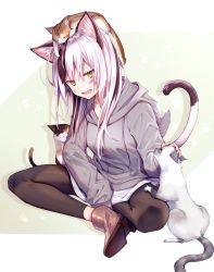 Rule 34 | 1girl, animal, animal ear fluff, animal ears, animal on head, black hair, black pants, blush, brown footwear, cat, cat ears, cat on head, cat tail, commentary request, fang, full body, grey hoodie, highres, hood, hood down, hoodie, long hair, long sleeves, on head, open mouth, original, pants, patting, paw print, sitting, skirt, slit pupils, smile, solo, tail, white hair, white skirt, yellow eyes, yuya (night lily)