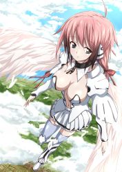 Rule 34 | 1girl, ahoge, akita hika, angel wings, bad id, bad pixiv id, blush, breasts, chain, cleavage, collar, feathers, flying, green eyes, highres, ikaros, large breasts, long hair, ribbon, skirt, sky, solo, sora no otoshimono, twintails, wings