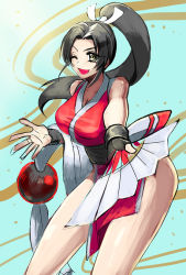 Rule 34 | 1girl, black hair, breasts, hand fan, fatal fury, large breasts, ponytail, shiranui mai, smile, solo