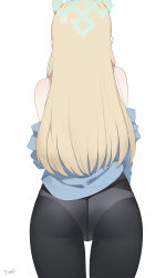Rule 34 | 1girl, absurdres, animal ears, artist name, ass, bare shoulders, black pantyhose, blonde hair, blue archive, blue halo, blue shirt, commentary, cowboy shot, crotch seam, dog ears, extra ears, facing away, from behind, halo, highres, kanna (blue archive), korean commentary, long hair, no pants, off shoulder, panties, panties under pantyhose, pantyhose, shirt, simple background, solo, tomid, underwear, white background