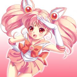 Rule 34 | 1girl, :d, bishoujo senshi sailor moon, blush, bow, brooch, chibi usa, circlet, cone hair bun, cowboy shot, double bun, elbow gloves, gloves, gradient background, hair bun, hair ornament, hairpin, hand on own hip, heart, heart brooch, highres, jewelry, looking at viewer, magical girl, open mouth, pink background, pink hair, pink sailor collar, pink skirt, pink theme, pleated skirt, red bow, red eyes, sailor chibi moon, sailor collar, short hair, simple background, skirt, smile, solo, thigh gap, twintails, white background, white gloves, yupo (yupo4069)
