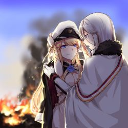 Rule 34 | 2girls, azur lane, black coat, blonde hair, blue eyes, blurry, blurry background, breasts, burning, chain, cleavage, coat, commentary request, dressing another, eyelashes, fiery background, fire, flower ornament, fur trim, gloves, hair ornament, hat, highres, holding, holding clothes, holding hat, long hair, military, military uniform, multiple girls, outdoors, peaked cap, ribbon, silver hair, smile, smoke, tirpitz (azur lane), uniform, unworn hat, unworn headwear, veil, very long hair, victorious (azur lane), white coat, white gloves, white hat, wrist ribbon, xun yu (1184527191)