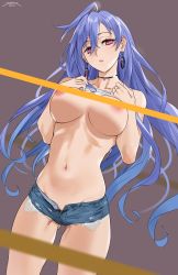 Rule 34 | 1girl, artist name, bare shoulders, blue hair, blush, breasts, casual, censored, censored nipples, convenient censoring, cutoffs, dated, denim, denim shorts, earrings, hair between eyes, highres, iris heart, jewelry, kami jigen game neptune v, large breasts, lifted by self, long hair, looking at viewer, navel, necklace, neptune (series), pink eyes, power symbol, power symbol-shaped pupils, sendo (sendrawz), short shorts, shorts, sidelocks, solo, stomach, symbol-shaped pupils, very long hair