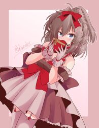 Rule 34 | 1girl, bare shoulders, blue eyes, blush, bow, box, breasts, brown hair, dress, garter straps, gift, gift box, gloves, grey gloves, grey thighhighs, hair between eyes, hair bow, heart-shaped box, highres, holding, holding gift, kantai collection, looking at viewer, ponytail, red bow, sheffield (kancolle), shizuna kaede, simple background, solo, thighhighs, twitter username, valentine