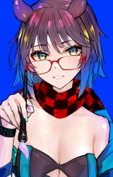 Rule 34 | absurdres, arknights, blue background, cleavage cutout, clothing cutout, deepcolor (arknights), deepcolor (elite ii) (arknights), eyeliner, glasses, highres, infection monitor (arknights), multicolored nails, nail polish, naokomama, paintbrush, red eyeliner, scarf, simple background