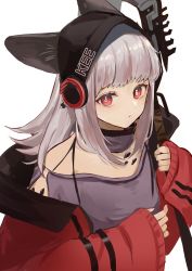Rule 34 | 1girl, animal ears, arknights, azuazu 0405, clothes writing, diamond-shaped pupils, diamond (shape), ears through headwear, expressionless, fox ears, fox girl, frostleaf (arknights), grey hair, grey shirt, headphones, highres, holding, holding polearm, holding weapon, implied extra ears, infection monitor (arknights), jacket, long hair, long sleeves, looking at viewer, off-shoulder shirt, off shoulder, open clothes, open jacket, polearm, red eyes, red jacket, shirt, sidelocks, simple background, solo, symbol-shaped pupils, upper body, weapon, white background