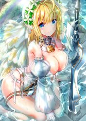 Rule 34 | 10s, 1girl, aestus estus, ahoge, barefoot, belt, blonde hair, blue eyes, breasts, bridal veil, center opening, cleavage, commentary request, detached sleeves, fate/extra, fate/extra ccc, fate/grand order, fate (series), full-length zipper, gorget, hair intakes, head wreath, highres, large breasts, leotard, lock, long sleeves, looking at viewer, loose belt, medium hair, nero claudius (bride) (fate), nero claudius (bride) (second ascension) (fate), nero claudius (fate), nero claudius (fate) (all), ogata tei, padlock, partially submerged, planted, planted sword, planted weapon, puffy long sleeves, puffy sleeves, showgirl skirt, smile, solo, strapless, strapless leotard, sword, veil, weapon, wet, white leotard, zipper, zipper pull tab