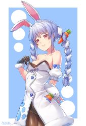 Rule 34 | 1girl, absurdres, animal ear fluff, animal ears, armband, arpeggio kaga, bare shoulders, black gloves, blue background, blue hair, braid, breasts, buttons, carrot, carrot hair ornament, collarbone, extra ears, eyebrows, food-themed hair ornament, gloves, hair ornament, highres, hololive, long braid, long hair, looking at breasts, multicolored hair, pantyhose, pocket, rabbit ears, rabbit girl, red eyes, signature, small breasts, sweatdrop, symbol-shaped pupils, twin braids, two-tone hair, usada pekora, usada pekora (1st costume), virtual youtuber, white hair
