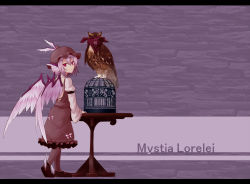 Rule 34 | 1girl, animal, animal ears, ayagi daifuku, bird, birdcage, blindfold, cage, character name, dress, female focus, hat, highres, letterboxed, mystia lorelei, owl, purple hair, red eyes, shoes, short hair, solo, table, touhou, winged footwear, wings
