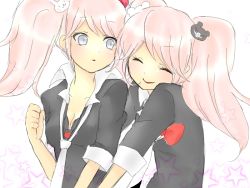 Rule 34 | 2girls, ^v^, alternate costume, alternate hairstyle, arm up, arms around waist, bear hair ornament, black shirt, blush, bow, bowtie, bra, breasts, rabbit hair ornament, cleavage, danganronpa: trigger happy havoc, danganronpa (series), enoshima junko, eyebrows, closed eyes, grey eyes, hair ornament, hand up, hug, hug from behind, ikusaba mukuro, incest, long eyelashes, long hair, looking at another, multiple girls, necktie, open mouth, red bow, shirt, siblings, simple background, sisters, smile, star (symbol), starry background, tongue, twincest, twins, underwear, white background, wig, yuri
