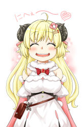 Rule 34 | 1girl, arms behind back, blonde hair, breasts, closed eyes, dress, fur-trimmed dress, fur trim, hair ornament, hairclip, heart, highres, hololive, horns, large breasts, long hair, moroyan, open mouth, sheep girl, sheep horns, smile, solo, translation request, tsunomaki watame, tsunomaki watame (1st costume), upper body, virtual youtuber