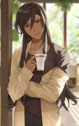 Rule 34 | 1boy, :d, black hair, blurry, blurry background, brown jacket, brown shirt, collarbone, commentary request, cup, dark skin, depth of field, hair between eyes, hand up, head tilt, holding, holding cup, hu kotora, indoors, jacket, long hair, long sleeves, looking at viewer, male focus, mug, off shoulder, open clothes, open jacket, open mouth, original, red eyes, shirt, signature, sleeves past wrists, smile, solo, teeth, upper teeth only, very long hair