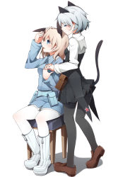 Rule 34 | 2girls, animal ears, bad id, bad pixiv id, black legwear, blonde hair, blue eyes, blush, boots, cat ears, chair, closed eyes, eila ilmatar juutilainen, fox ears, holding hands, kinakomoti, loafers, long hair, military, military uniform, multiple girls, open mouth, pantyhose, sanya v. litvyak, shoes, short hair, silver hair, simple background, sitting, smile, strike witches, tail, uniform, white background, white footwear, white legwear, world witches series