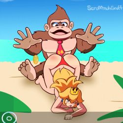 Rule 34 | 1boy, 1girl, animated, animated gif, ape, artist name, ass, bare legs, barefoot, beach, bikini, blinking, blonde hair, blue eyes, blue sky, blush, breast press, breast rest, breasts, brown eyes, brown fur, clenched hand, coin, crown, donkey kong, donkey kong (series), donkey konga, earrings, english text, fur, gameplay mechanics, glint, gorilla, grin, hair between eyes, hands up, huge ass, jewelry, long hair, looking at another, looking at viewer, looping animation, mario (series), nature, necktie, nintendo, nostrils, ocean, on ground, one eye closed, open mouth, outdoors, panties, princess peach, raised eyebrow, red bikini, red neckwear, red panties, scruffmuhgruff, sitting, skindentation, sky, slap mark, smile, spanked, spanking, spread legs, super mario bros. 1, swimsuit, teeth, thong, toes, top-down bottom-up, topless, underwear, upper teeth only, wince