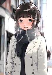 Rule 34 | 1girl, alternate costume, black hair, black scarf, blurry, blurry background, blush, breasts, brown eyes, buttons, coat, commentary request, double-breasted, furaggu (frag 0416), hair ornament, hairclip, hand in pocket, highres, kantai collection, looking at viewer, medium breasts, myoukou (kancolle), open clothes, open coat, scarf, short hair, smile, solo, upper body, visible air, white coat