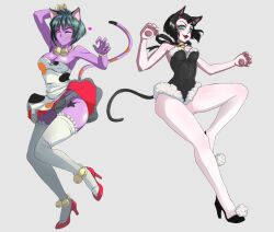 Rule 34 | 2girls, animal ears, artist request, ass, bishoujo senshi sailor moon, black hair, black leotard, breasts, cat ears, cat girl, cat tail, character request, collar, collarbone, colored skin, dress, female focus, grabbing, green hair, jumping, large breasts, leg tattoo, leotard, looking at viewer, looking to the side, multiple girls, nekonneru (sailor moon), no humans, one eye closed, panties, pointy ears, purple skin, red eyes, shiny skin, short dress, smile, tail, tattoo, thick thighs, thighs, underwear, white dress, white panties, wide hips, wink