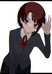 Rule 34 | 1girl, absurdres, brown eyes, brown hair, closed mouth, collared shirt, commentary, english commentary, green skirt, grey jacket, hair ornament, highres, iwakura lain, jacket, letterboxed, looking at viewer, neck ribbon, outside border, plaid, plaid skirt, red ribbon, ribbon, school uniform, serial experiments lain, shirt, short hair, single sidelock, skirt, solo, takae (poupee en biscuit), waving, white shirt, x hair ornament