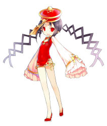 Rule 34 | 1girl, bare legs, black hair, china dress, chinese clothes, dress, fang, full body, hat, jiangshi, long hair, long sleeves, looking at viewer, no socks, ofuda, original, pointy ears, qingdai guanmao, red eyes, saru, simple background, sleeves past wrists, smile, solo, twintails, very long hair, white background