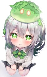 Rule 34 | 1girl, absurdres, black skirt, black socks, blush, bow, bowtie, braid, child, closed mouth, collared shirt, commentary request, creature on head, cross-shaped pupils, from above, full body, genshin impact, gradient hair, green bow, green bowtie, green eyes, green hair, grey hair, hair between eyes, hair ornament, highres, leaf hair ornament, long hair, long sleeves, looking at viewer, mihasu, miniskirt, multicolored hair, nahida (genshin impact), no shoes, plaid, plaid skirt, pointy ears, puffy long sleeves, puffy sleeves, shirt, side braid, side ponytail, sitting, skirt, socks, solo, symbol-shaped pupils, wariza, white shirt