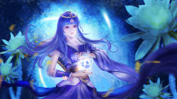 Rule 34 | 1girl, absurdres, asymmetrical sleeves, blue background, flower, highres, light, long hair, looking at viewer, open mouth, purple hair, qinshi mingyue, shao siming (qin shi ming yue), shao siming zhuye, solo, upper body, veil