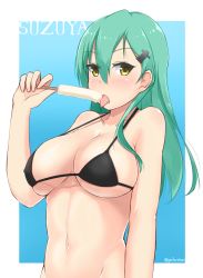 Rule 34 | 10s, 1girl, blush, breasts, female focus, food, gradient background, green hair, hair ornament, hairclip, highres, kantai collection, large breasts, licking, long hair, looking at viewer, midriff, miyano yuki, navel, popsicle, solo, suzuya (kancolle), tongue, tongue out, yellow eyes