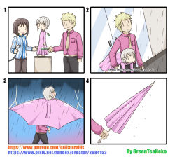 Rule 34 | 1girl, 2boys, 4koma, :d, absurdres, artist name, bad id, bad pixiv id, black pants, blonde hair, blush, brown hair, brown neckwear, brown pants, carrying, carrying under arm, closed mouth, collared shirt, comic, commentary, dress, dress shirt, employee uniform, greenteaneko, grey hair, highres, holding, holding money, holding umbrella, lightning, long sleeves, money, multiple boys, necktie, open mouth, original, pants, pink dress, pink shirt, pink umbrella, pleated dress, pointy ears, rain, shirt, smile, square 4koma, striped clothes, striped shirt, umbrella, uniform, vertical-striped clothes, vertical-striped shirt, water, watermark, web address, wet, | |