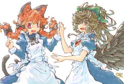 Rule 34 | 2girls, animal ears, bird wings, black bow, black bowtie, bow, bowtie, braid, brown hair, cat ears, cat tail, commentary request, green bow, hair bow, highres, juliet sleeves, kaenbyou rin, long hair, long sleeves, looking at viewer, maid, multiple girls, multiple tails, open mouth, puffy sleeves, purple hair, red eyes, red hair, reiuji utsuho, short hair, short sleeves, signature, simple background, tail, third eye, touhou, twin braids, two tails, white background, wings, yamasina009