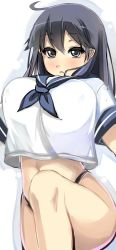 Rule 34 | 10s, 1girl, ahoge, black hair, blue eyes, blush, bottomless, breasts, commentary, convenient leg, kantai collection, large breasts, leg up, long hair, panties, school uniform, serafuku, shiki (psychedelic g2), solo, underwear, ushio (kancolle)