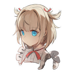 Rule 34 | 1girl, blonde hair, blue eyes, chilunchilun, chinese commentary, commentary request, expressionless, frills, girls&#039; frontline, hair ribbon, lowres, m1897 (girls&#039; frontline), portrait, red ribbon, ribbon, short hair, simple background, solo, white background