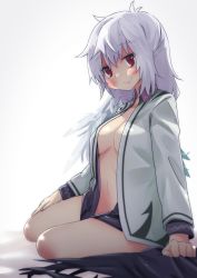Rule 34 | 1girl, blush, breasts, gradient background, highres, kishin sagume, long sleeves, looking at viewer, md5 mismatch, midriff, no bra, no pants, open clothes, open shirt, red eyes, resized, shirt, short hair, silver hair, single wing, sitting, skirt, unworn skirt, skirt set, smile, solo, touhou, vest, waira, wings