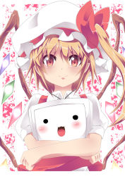 Rule 34 | 1girl, blonde hair, blush, female focus, flandre scarlet, hat, hat ribbon, jewelry, mob cap, necklace, niconico, noa (nagareboshi), open mouth, red eyes, ribbon, short hair, side ponytail, smile, solo, touhou, white hat, wings