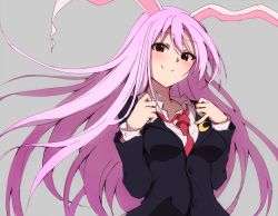 Rule 34 | 1girl, animal ears, black jacket, closed mouth, collared shirt, crescent, crescent pin, grey background, highres, jacket, long hair, long sleeves, looking at viewer, necktie, purple hair, rabbit ears, red eyes, red necktie, reisen udongein inaba, shinmon akika, shirt, simple background, smile, solo, touhou, upper body