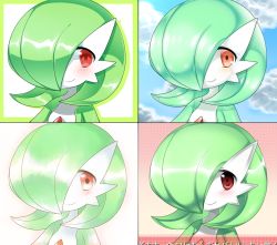 Rule 34 | 1girl, blue sky, blush, bob cut, closed mouth, cloud, colored skin, creatures (company), day, drop shadow, female focus, flat chest, game freak, gardevoir, gen 3 pokemon, green hair, green skin, hair over one eye, happy, light blush, looking to the side, lotosu, multicolored skin, multiple views, nintendo, outdoors, outline, pink outline, pokemon, pokemon (creature), red eyes, short hair, sideways mouth, sky, smile, two-tone skin, white skin