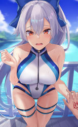 Rule 34 | 1girl, bare shoulders, blue sky, blush, breasts, command spell, commentary, competition swimsuit, covered erect nipples, cowboy shot, day, fate/grand order, fate (series), grey hair, hair between eyes, highres, holding hands, interlocked fingers, kazami chiu, large breasts, leaning forward, long hair, looking at viewer, one-piece swimsuit, open mouth, out of frame, outdoors, ponytail, pov, red eyes, skindentation, sky, solo focus, swimsuit, thigh gap, thigh strap, tomoe gozen (fate), tomoe gozen (swimsuit saber) (fate), tomoe gozen (swimsuit saber) (first ascension) (fate), two-tone swimsuit, very long hair, wavy mouth, wet