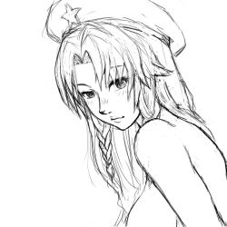 Rule 34 | 1girl, arm at side, back, beret, braid, breasts, expressionless, from side, greyscale, hat, hong meiling, lips, long hair, looking at viewer, monochrome, monochrome, nikaido (jiorajio822), nose, nude, single braid, sketch, solo, star (symbol), touhou, upper body