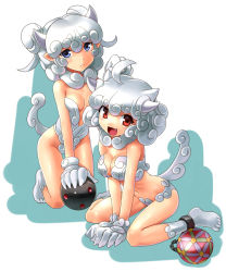 Rule 34 | 2girls, :d, ahoge, animal ears, animal hands, ball and chain restraint, bikini, blue eyes, blush, breasts, cleavage, cuffs, double bun, fang, gloves, hair bun, horns, katahira masashi, komainu, large breasts, looking at viewer, multiple girls, navel, one-piece swimsuit, open mouth, original, paw gloves, paw shoes, personification, red eyes, shackles, shoes, short hair, silver hair, sitting, smile, swimsuit, tail, wariza