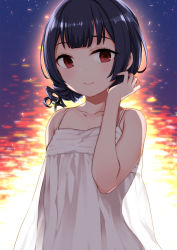 Rule 34 | 1girl, backlighting, bare arms, bare shoulders, black hair, blunt bangs, blush, closed mouth, collarbone, commentary request, dress, drill hair, flat chest, hand up, idolmaster, idolmaster shiny colors, kusano houki, lipstick, makeup, morino rinze, pink lips, red eyes, see-through, short hair, sleeveless, sleeveless dress, smile, solo, sundress, upper body, water, white dress