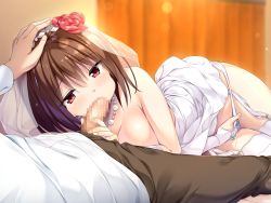 Rule 34 | 1boy, 1girl, aibeya, azarashi soft, bare shoulders, blush, breasts, bridal veil, bride, brown hair, censored, cheek bulge, cleavage, clothed masturbation, clothed sex, collarbone, dress, erection, fellatio, female masturbation, fingering, flower, game cg, garter straps, grabbing own breast, hair flower, hair ornament, hand on another&#039;s head, handjob, hayami aki, hetero, highres, indoors, jewelry, large breasts, lying, masturbation, mosaic censoring, necklace, on back, on side, open mouth, oral, oryo (oryo04), panties, penis, pussy juice, red eyes, rose, short hair, solo focus, strapless, strapless dress, thighhighs, underwear, veil, wedding dress, white dress, white panties, white thighhighs