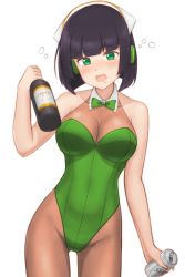 Rule 34 | 1girl, beer can, black hair, bodystocking, bottle, bow, bowtie, breasts, can, cleavage, detached collar, drink can, drunk, green bow, green bowtie, green eyes, green leotard, headphones, highleg, highleg leotard, holding, holding bottle, holding can, kyoumachi seika, large breasts, leotard, looking at viewer, playboy bunny, short hair, simple background, solo, sparkling yudofu, squeans, strapless, strapless leotard, voiceroid, white background, wine bottle