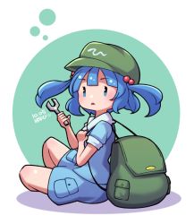 Rule 34 | 1girl, artist name, backpack, bag, blue eyes, blue hair, blue shirt, blue shorts, blush, circle, commentary, dated, dated commentary, english commentary, from side, full body, green bag, green hat, hair bobbles, hair ornament, hand up, hat, holding, holding strap, holding wrench, kawashiro nitori, open mouth, pocket, puffy short sleeves, puffy sleeves, shirt, short hair, short sleeves, shorts, signature, simple background, sitting, solo, thighs, touhou, triangle mouth, two side up, umenodo, white background, wrench