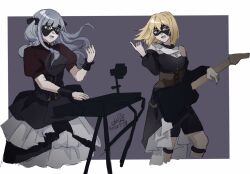 Rule 34 | 2girls, ascot, bang dream!, bang dream! it&#039;s mygo!!!!!, black ascot, black dress, black skirt, blonde hair, blue hair, border, clothing cutout, commentary, dated, dress, electric guitar, floating hair, guitar, hand up, hashtag-only commentary, highres, holding, holding guitar, holding instrument, instrument, keyboard (instrument), long hair, medium hair, misumi uika, multiple girls, music, open mouth, outside border, puffy short sleeves, puffy sleeves, purple background, purple eyes, red shirt, shirt, short sleeves, shoulder cutout, signature, simple background, singing, skirt, smile, togawa sakiko, tok8505 (erica), two side up, white border, white skirt, yellow eyes
