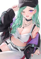 Rule 34 | ;d, absurdres, alternate costume, alternate hairstyle, arm tattoo, asymmetrical pants, belt, black choker, black hat, black jacket, breasts, character name, choker, crop top, earrings, fingernails, fishnets, green hair, hair ornament, hat, highres, isaya (pixiv4541633), jacket, jewelry, large breasts, lipstick mark, long sleeves, mismatched earrings, mole, mole on breast, navel, necklace, one eye closed, open clothes, open jacket, open mouth, purple eyes, purple hair, red nails, shirt, sitting, smile, stomach, tattoo, tongue, virtual youtuber, vspo!, white background, white belt, white shirt, x hair ornament, yakumo beni