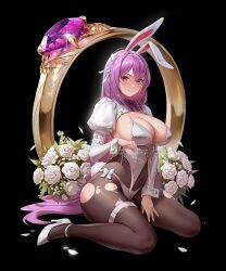 Rule 34 | 1girl, animal ears, black background, black pantyhose, blush, breasts, cleavage, destiny child, flower, full body, gem, hair between eyes, hair ribbon, high heels, large breasts, leotard, long hair, looking at viewer, multicolored hair, nasaca, official art, ophois (destiny child), pantyhose, petals, pink hair, playboy bunny, puffy sleeves, purple eyes, purple hair, rabbit ears, rabbit tail, ribbon, rose, simple background, sitting, smile, solo, tail, thigh strap, torn clothes, torn pantyhose, very long hair, white flower, white footwear, white ribbon, white rose