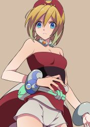 Rule 34 | 1girl, bad id, bad pixiv id, blonde hair, blue eyes, bracelet, breasts, brown background, cleavage, closed mouth, collar, commentary request, creatures (company), eyelashes, from below, frown, game freak, hair between eyes, hairband, highres, irida (pokemon), jewelry, looking at viewer, looking down, medium hair, nana (hndj4527), neck ring, nintendo, pokemon, pokemon legends: arceus, red hairband, red shirt, sash, shirt, short shorts, shorts, simple background, solo, strapless, strapless shirt, waist cape, white shorts
