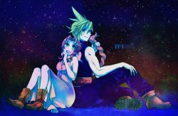 Rule 34 | 1boy, 1girl, 39cva, aerith gainsborough, back-to-back, bare arms, belt, blonde hair, blue eyes, blue pants, blue shirt, boots, braid, braided ponytail, breasts, brown hair, cloud strife, dress, final fantasy, final fantasy vii, full body, green eyes, hair ribbon, hand in another&#039;s hair, hand to own mouth, jacket, unworn jacket, long dress, medium breasts, muscular, muscular male, night, night sky, on ground, open mouth, pants, parted bangs, pink dress, ribbon, shirt, sidelocks, sky, smile, spiked hair, square enix