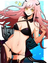 Rule 34 | 1girl, absurdres, bikini, black bikini, black thighhighs, blush, breasts, cleavage, closed mouth, cnoc na riabh (fate), cnoc na riabh (swimsuit foreigner) (fate), commentary request, fate/grand order, fate (series), highres, long hair, looking at viewer, medb (fate), medium breasts, navel, pink hair, signature, smile, solo, star (symbol), stomach, swimsuit, thighhighs, wagu neru, yellow eyes