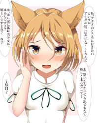 Rule 34 | 1girl, animal ears, arm behind back, blonde hair, blush, breasts, brown eyes, commentary request, dress, fox ears, guard vent jun, hair between eyes, hand up, highres, kudamaki tsukasa, looking at viewer, medium breasts, open mouth, pink background, puffy short sleeves, puffy sleeves, short hair, short sleeves, simple background, solo, standing, sweatdrop, tareme, touhou, translation request, upper body, white dress